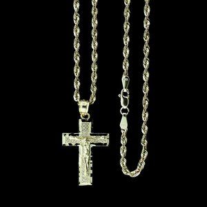 10K Real Gold Rope Chain and Cross Pendant Set